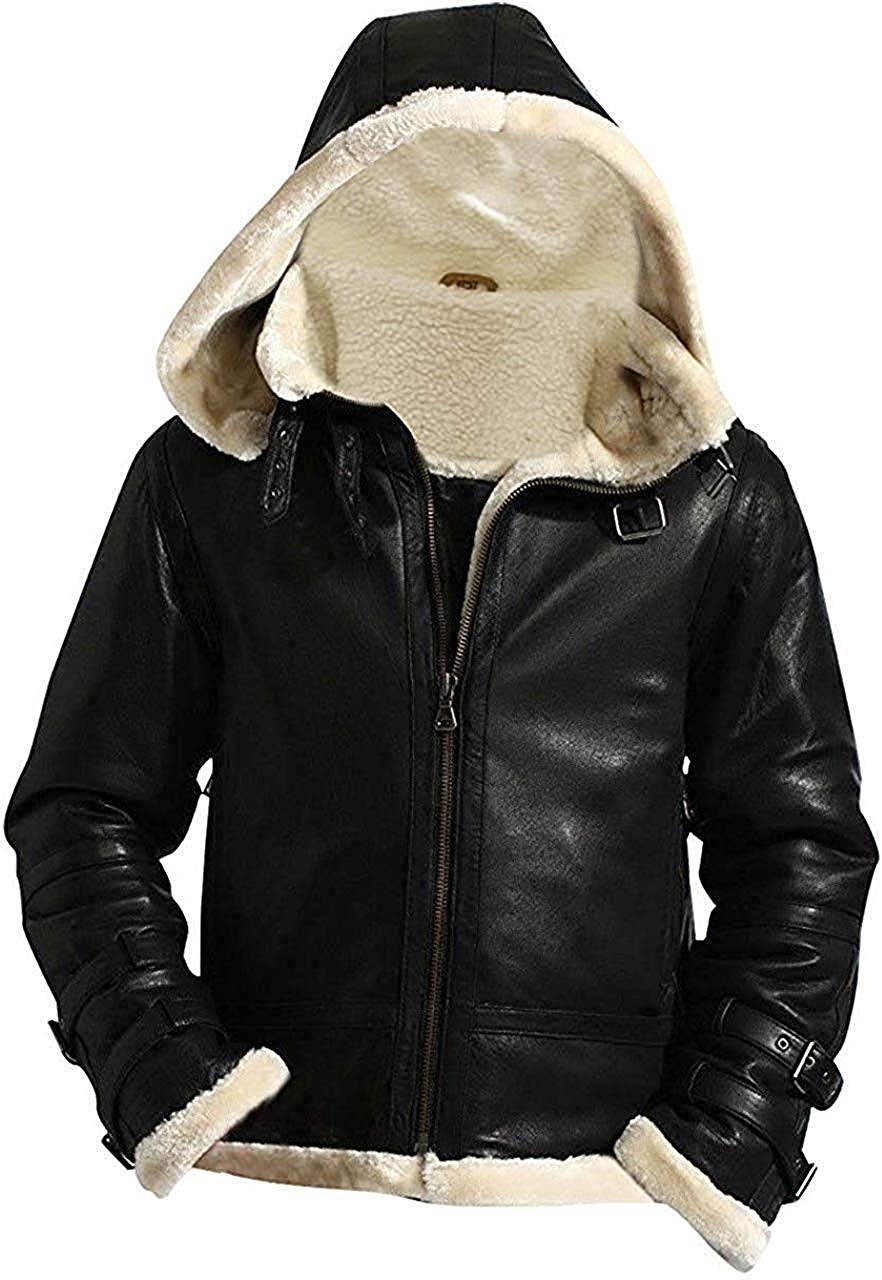Aviator B3 Black Hood Faux Fur Sheepskin Leather Bomber Flying Jacket Men