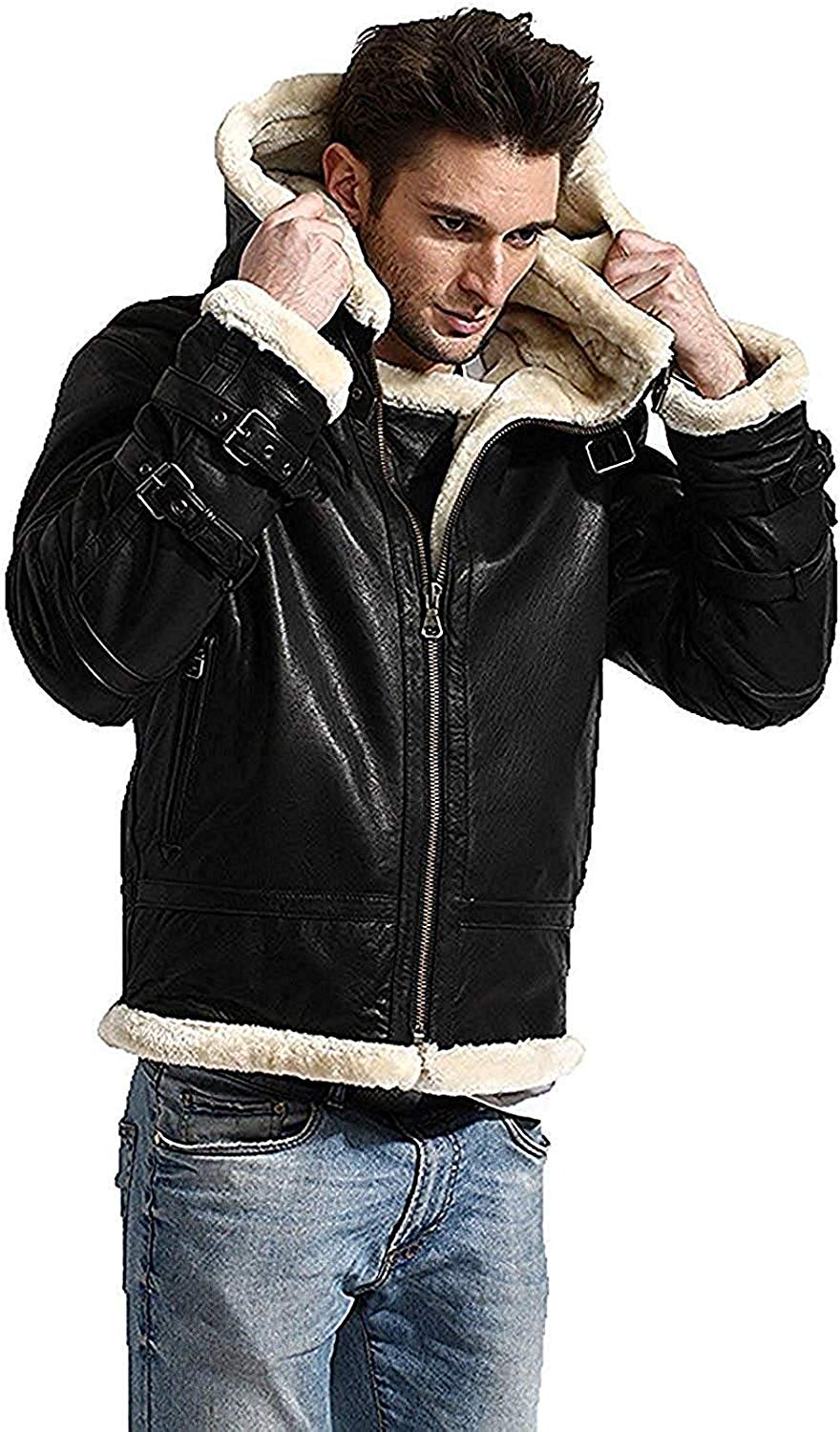 Aviator B3 Black Hood Faux Fur Sheepskin Leather Bomber Flying Jacket Men