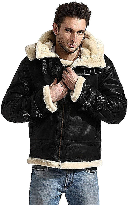 Aviator B3 Black Hood Faux Fur Sheepskin Leather Bomber Flying Jacket Men
