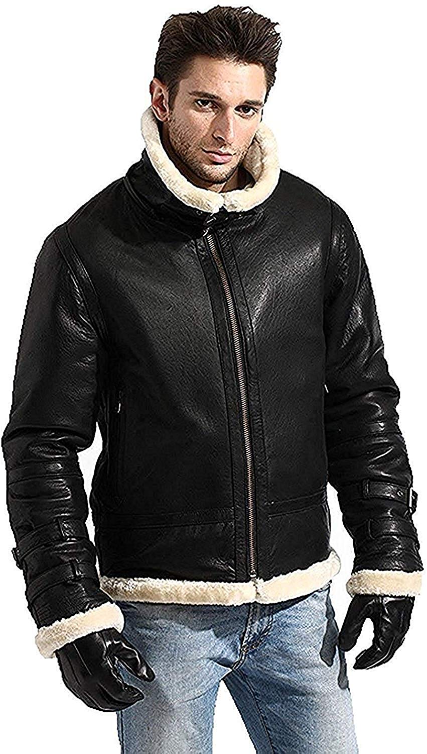 Aviator B3 Black Hood Faux Fur Sheepskin Leather Bomber Flying Jacket Men