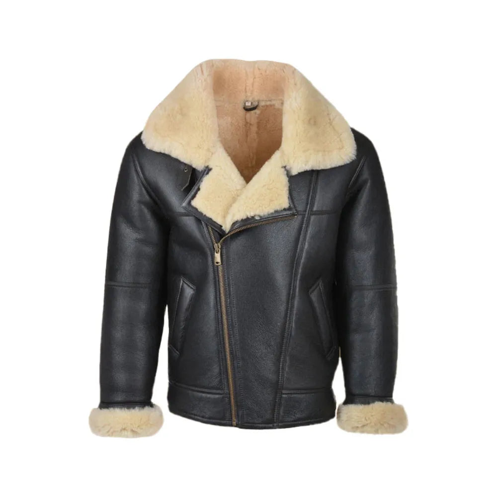 B3 Black Shearling Bomber Leather Jacket