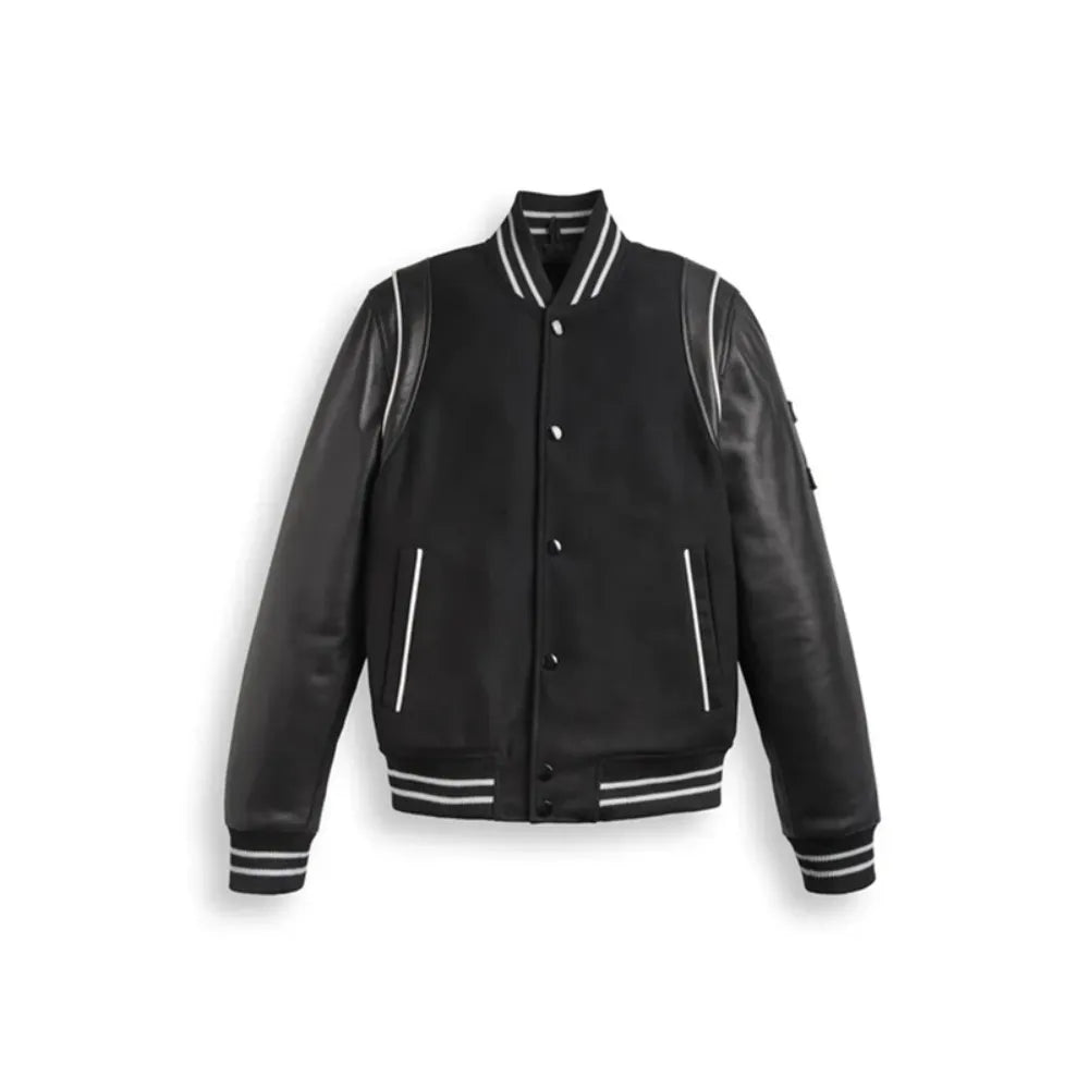 Black Bomber Leather Jacket With Stripes