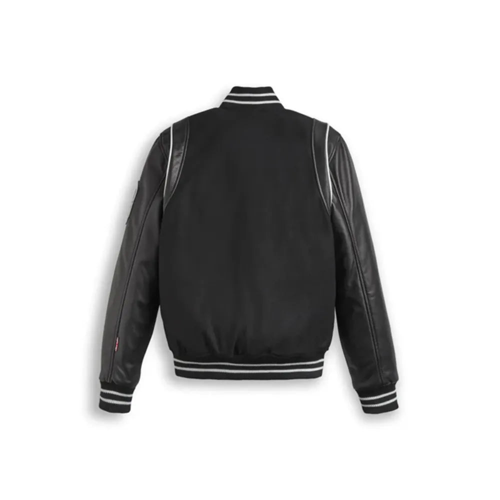 Black Bomber Leather Jacket With Stripes