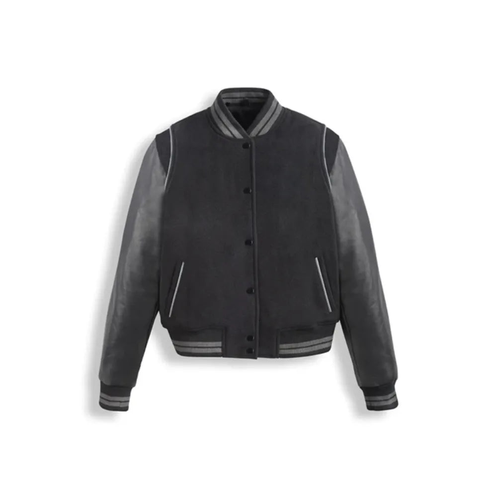 Black Varsity Leather Bomber Jacket