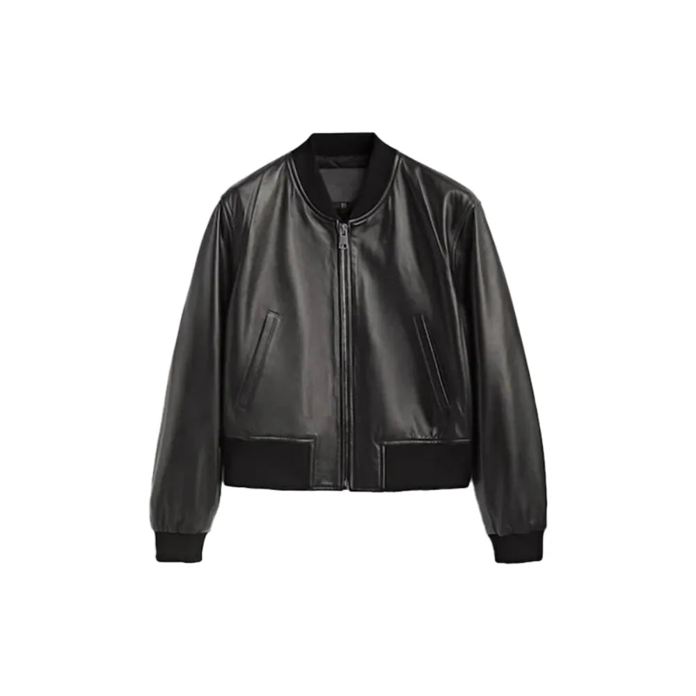 Classic Black Leather Bomber Jacket