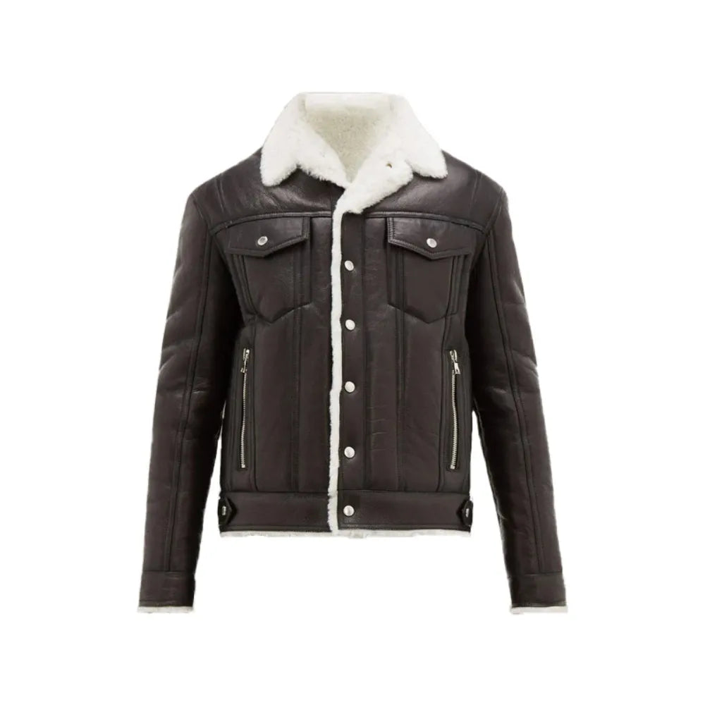 Mens Brown Fur Shearling Leather Jacket