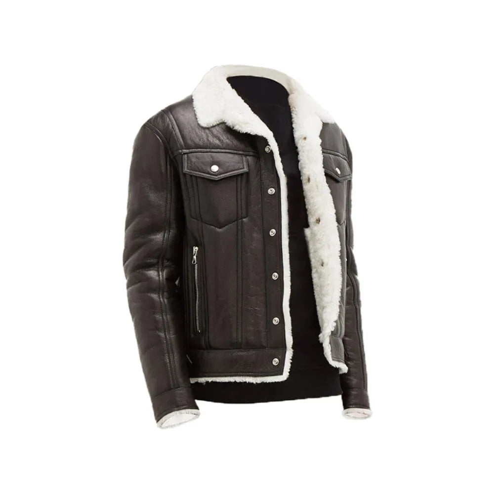 Mens Brown Fur Shearling Leather Jacket