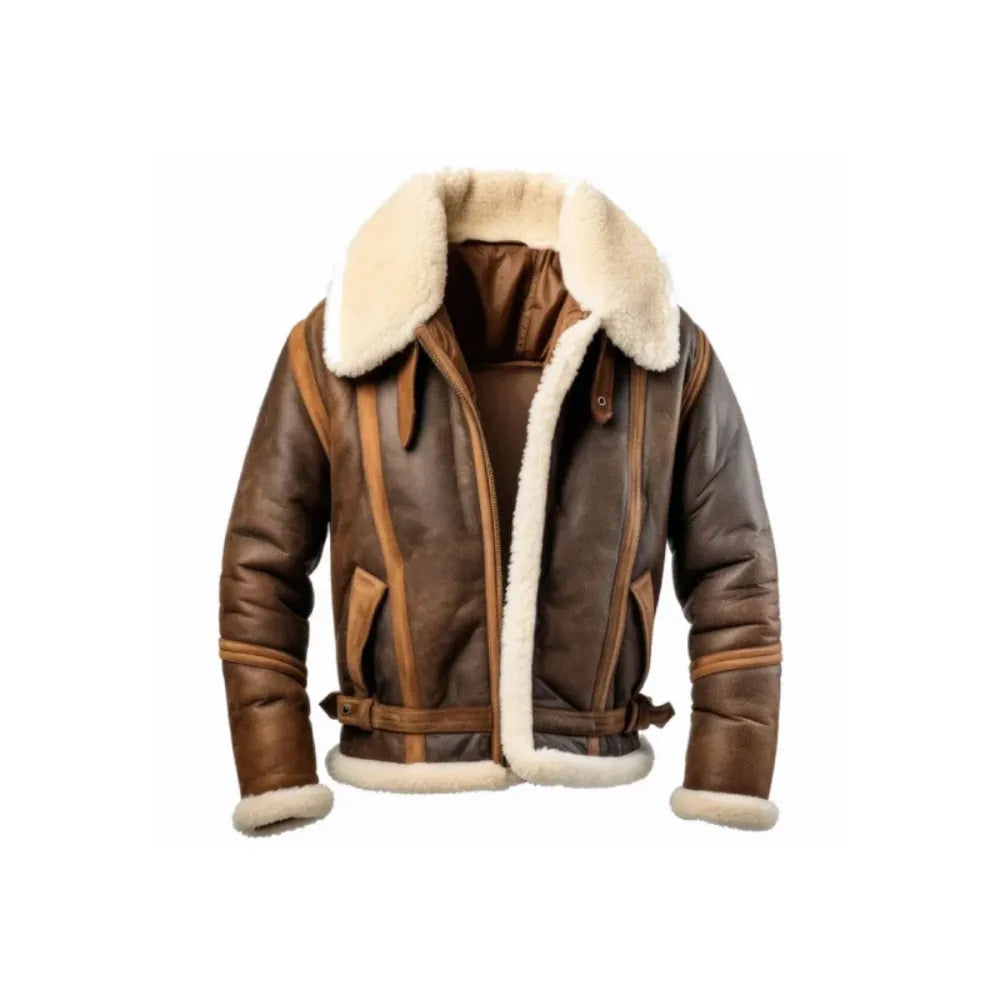 Mens Aviator Brown Shearling Sheepskin Leather Jacket