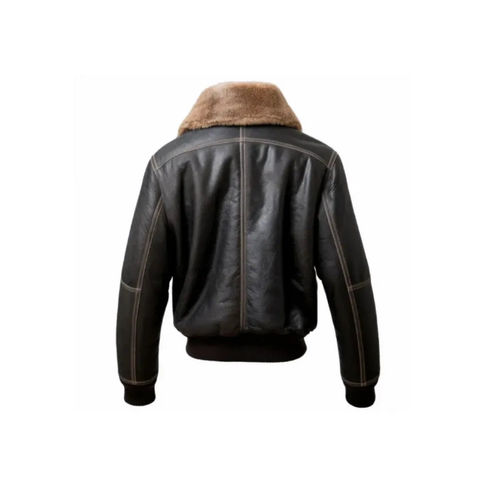 Mens Black Fur Aviation Bomber Leather Jacket
