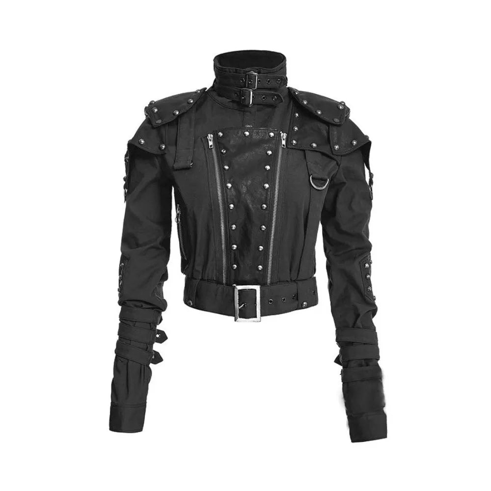 Womens Black Studded Military Cropped Jacket